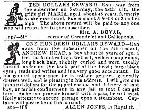 Advertisements offering reward for capture of runaways, The Daily Picayune, New Orleans, April 26, 1857.