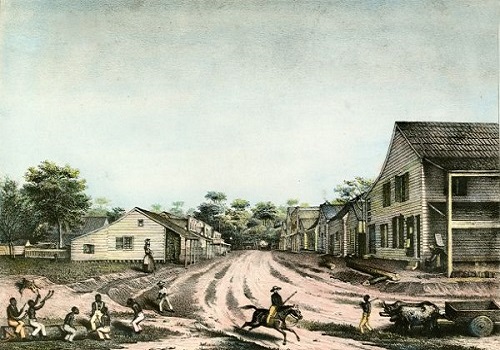 "Lithograph of a residential street scene in Tallahassee, Florida" by Francis Castelnau from Vue et Souvenirs de l